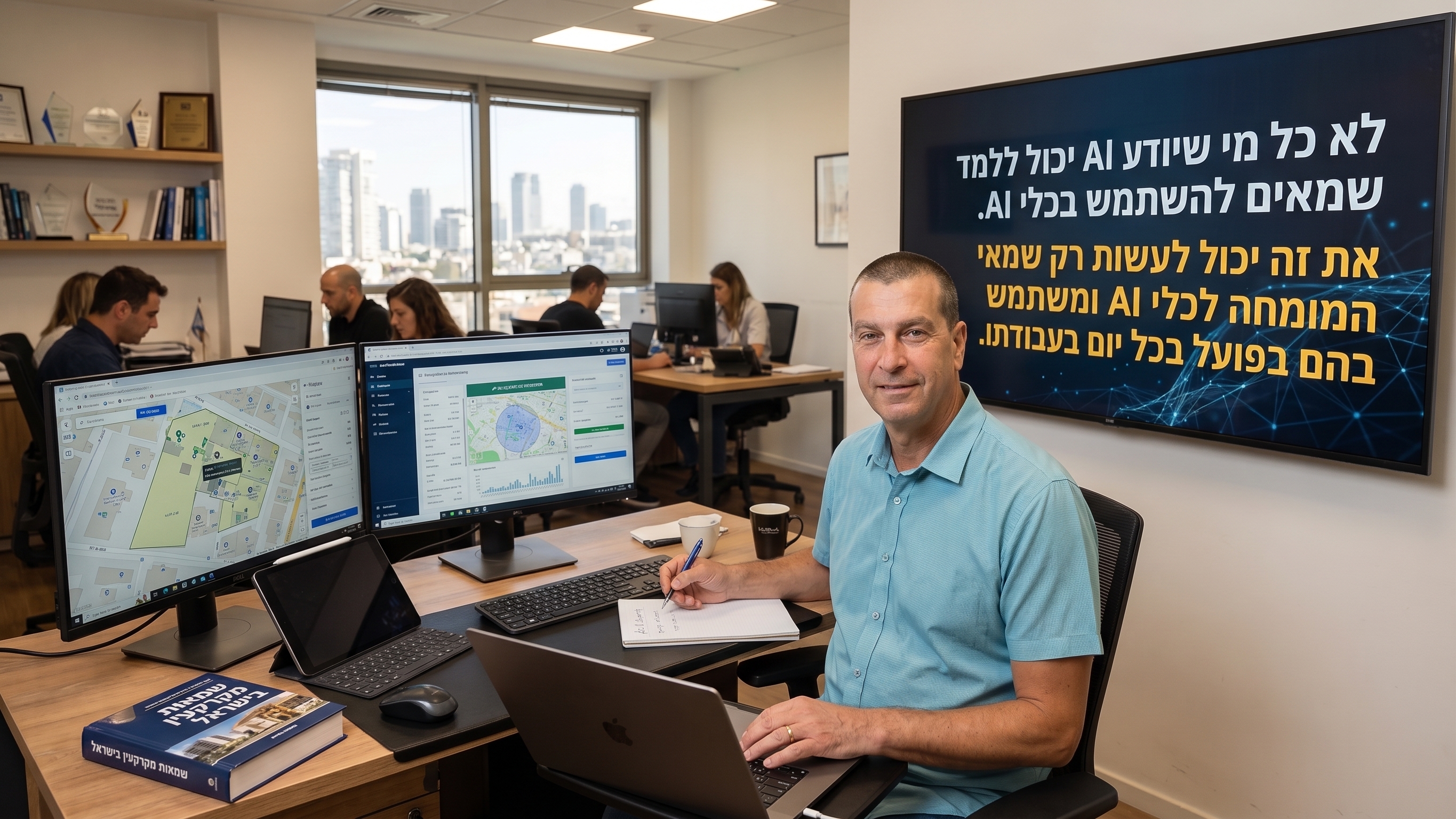 חיים אטקין במשרד עם כלי AI ו-GIS לשמאות